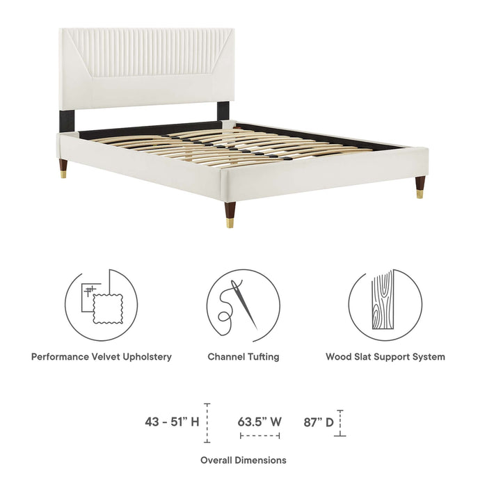 Yasmine Channel Tufted Performance Velvet Platform Bed With Wood and Gold Legs