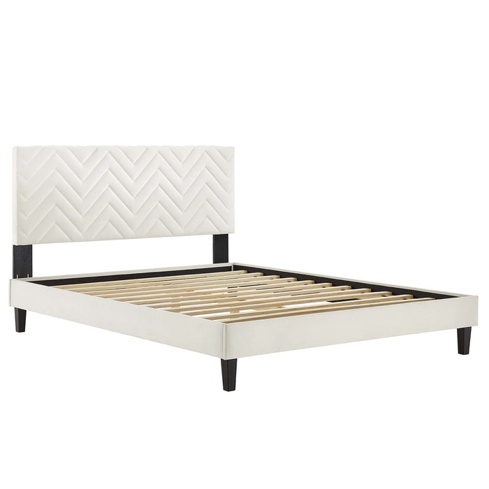 Leah Chevron Tufted Performance Velvet Platform Bed With Black Wood Legs