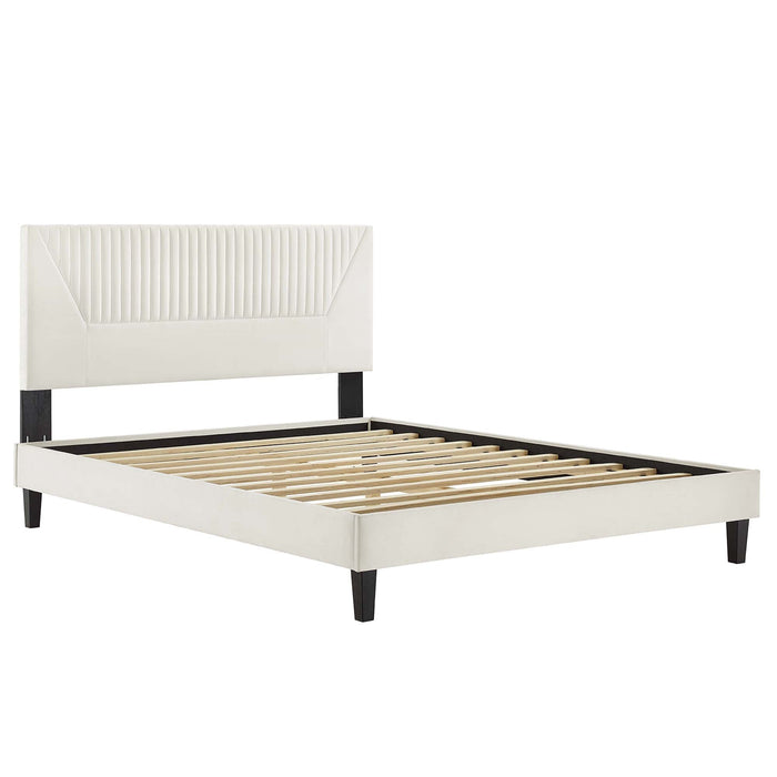 Yasmine Channel Tufted Performance Velvet Platform Bed With Black Wood Legs