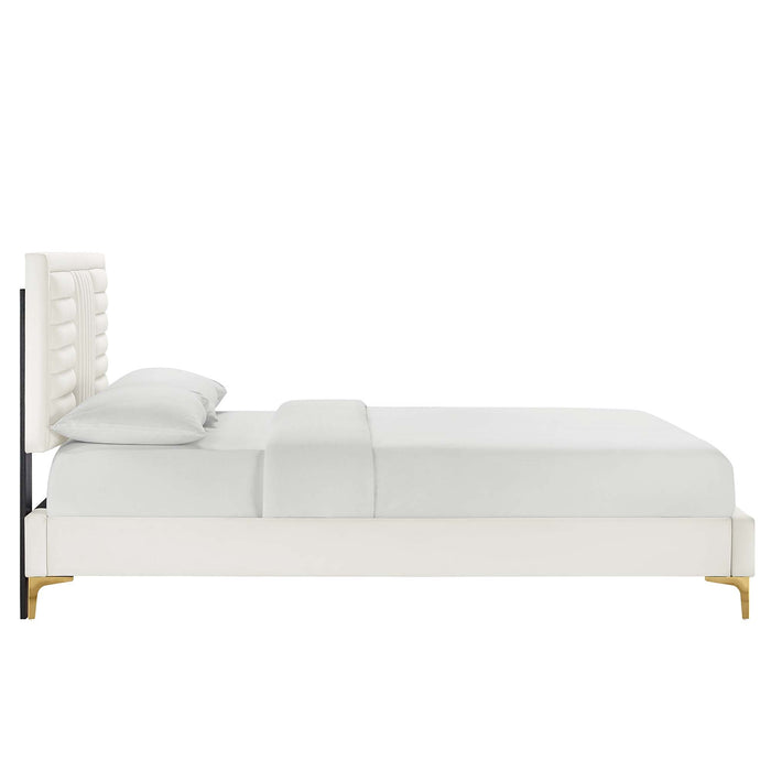 Sofia Channel Tufted Performance Velvet Platform Bed With Gold Metal Legs