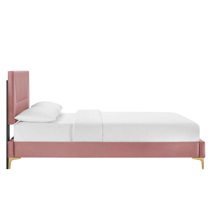 Yasmine Channel Tufted Performance Velvet Platform Bed With Gold Metal Legs