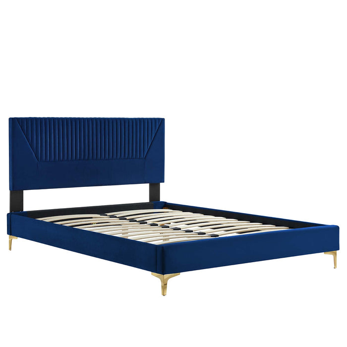 Yasmine Channel Tufted Performance Velvet Platform Bed With Gold Metal Legs