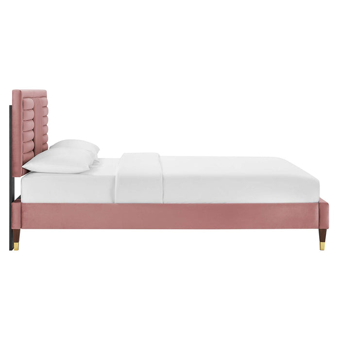 Sofia Channel Tufted Performance Velvet Platform Bed With Wood and Gold Legs