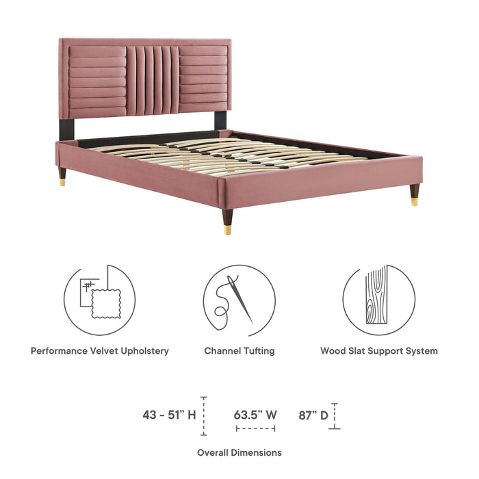 Sofia Channel Tufted Performance Velvet Platform Bed With Wood and Gold Legs