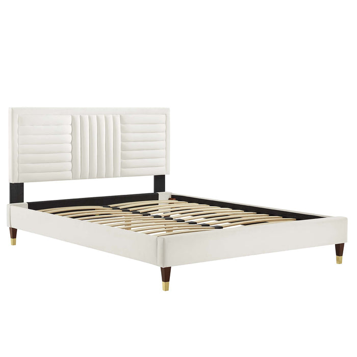 Sofia Channel Tufted Performance Velvet Platform Bed With Wood and Gold Legs