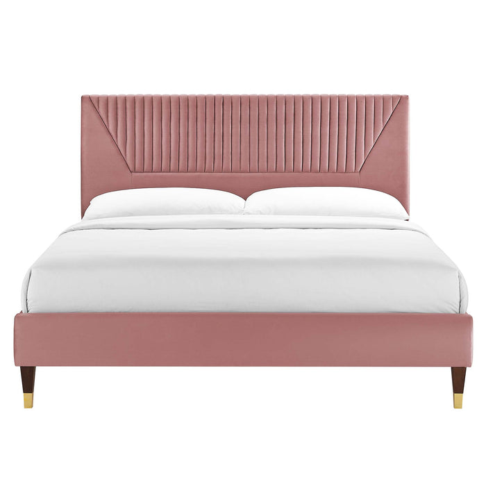 Yasmine Channel Tufted Performance Velvet Platform Bed With Wood and Gold Legs