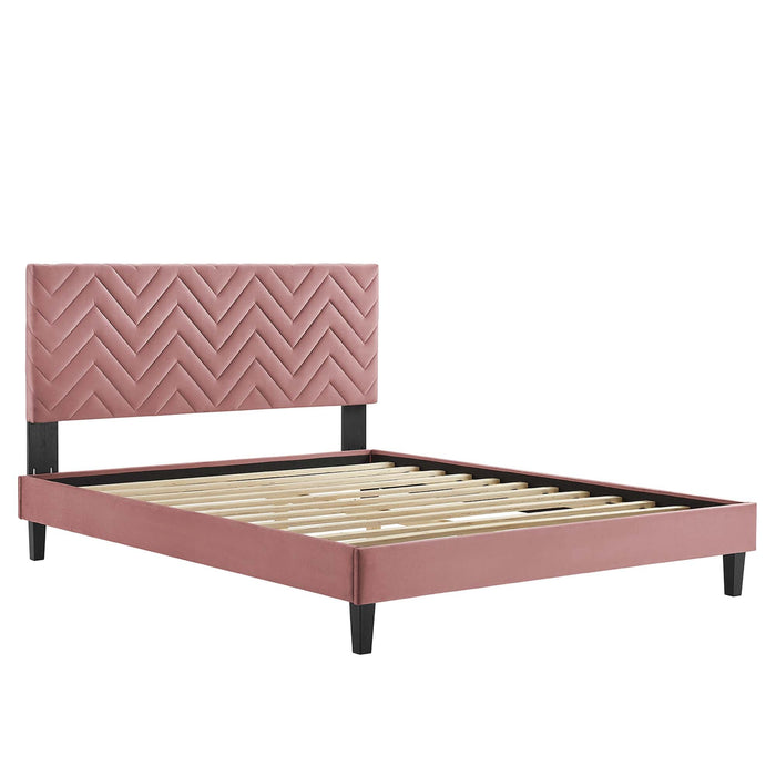 Leah Chevron Tufted Performance Velvet Platform Bed With Black Wood Legs