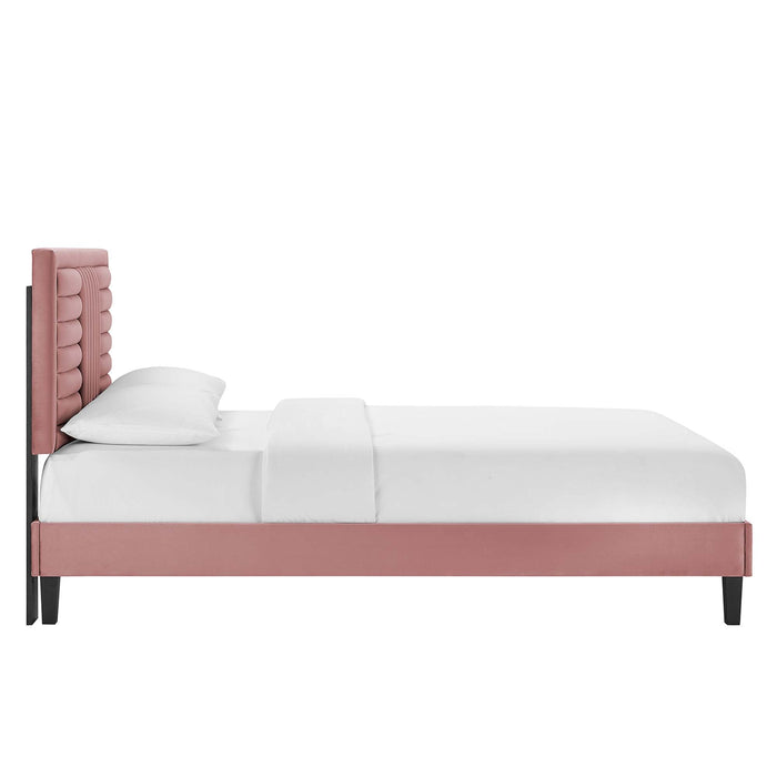 Sofia Channel Tufted Performance Velvet Platform Bed With Black Wood Legs