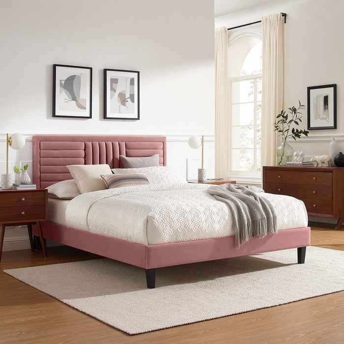 Sofia Channel Tufted Performance Velvet Platform Bed With Black Wood Legs