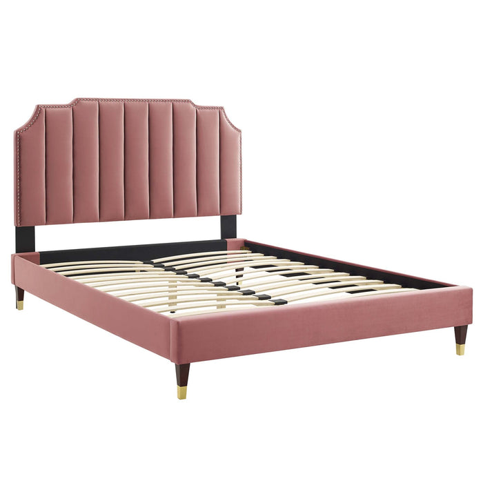 Colette Performance Velvet Platform Bed With Wood and Gold Legs