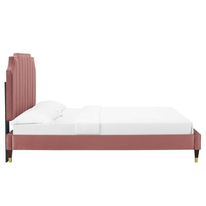 Colette Performance Velvet Platform Bed With Wood and Gold Legs