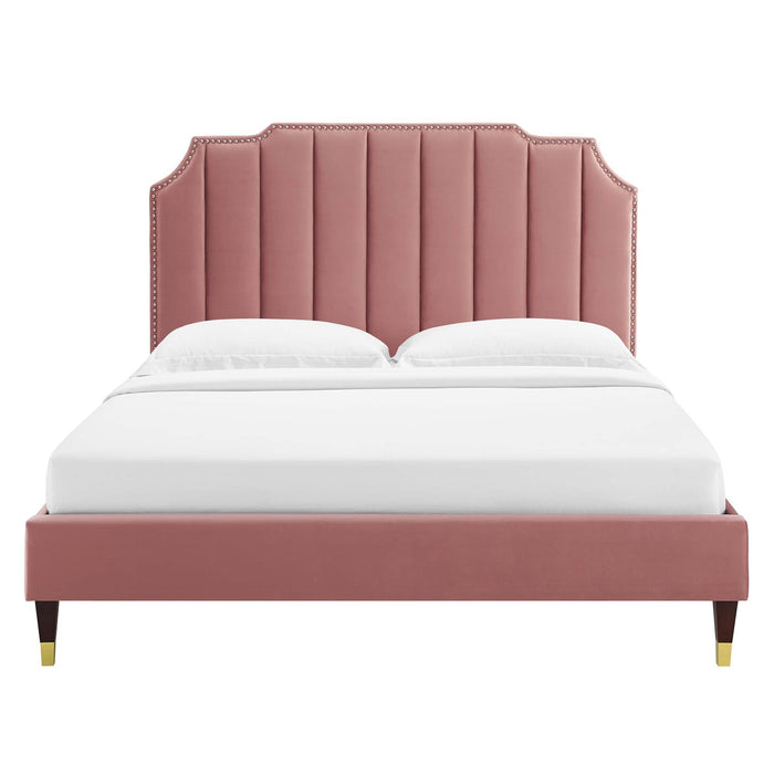 Colette Performance Velvet Platform Bed With Wood and Gold Legs