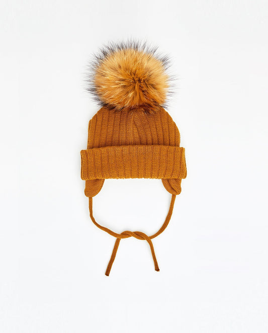 Tuque Enfant Doublée avec Cordons Caramel