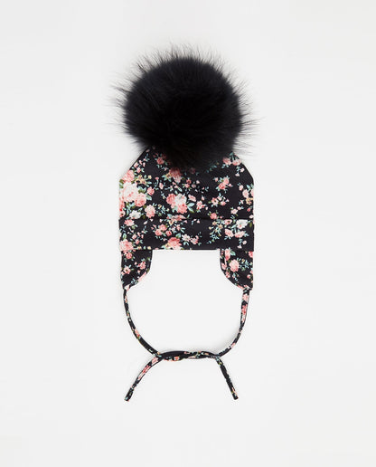 Bonnet en coton noir fleuri