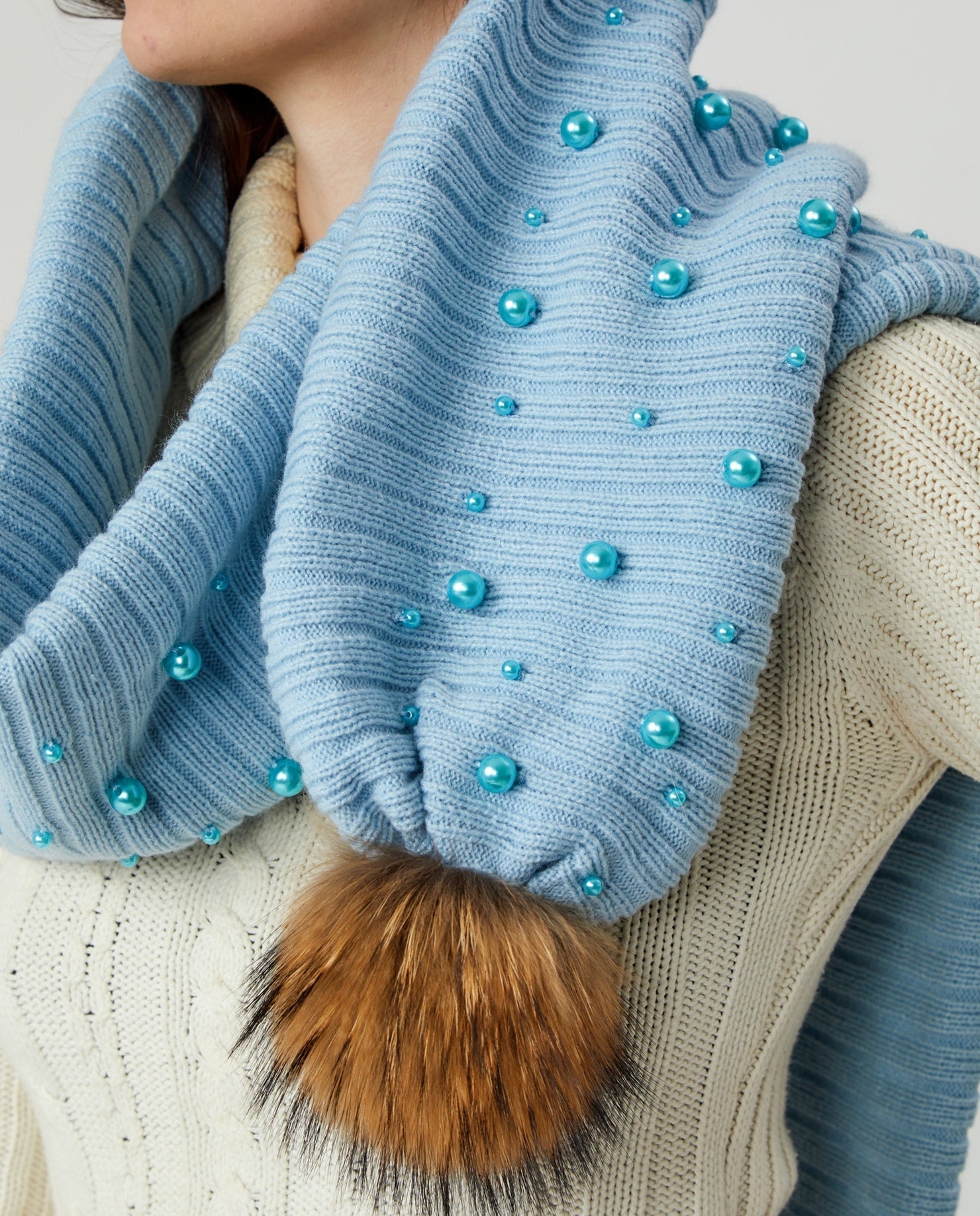 Foulard Adulte Doublé Pompons | Adult Poms Knit Scarf PERLES BABY BLUE - Mpompon