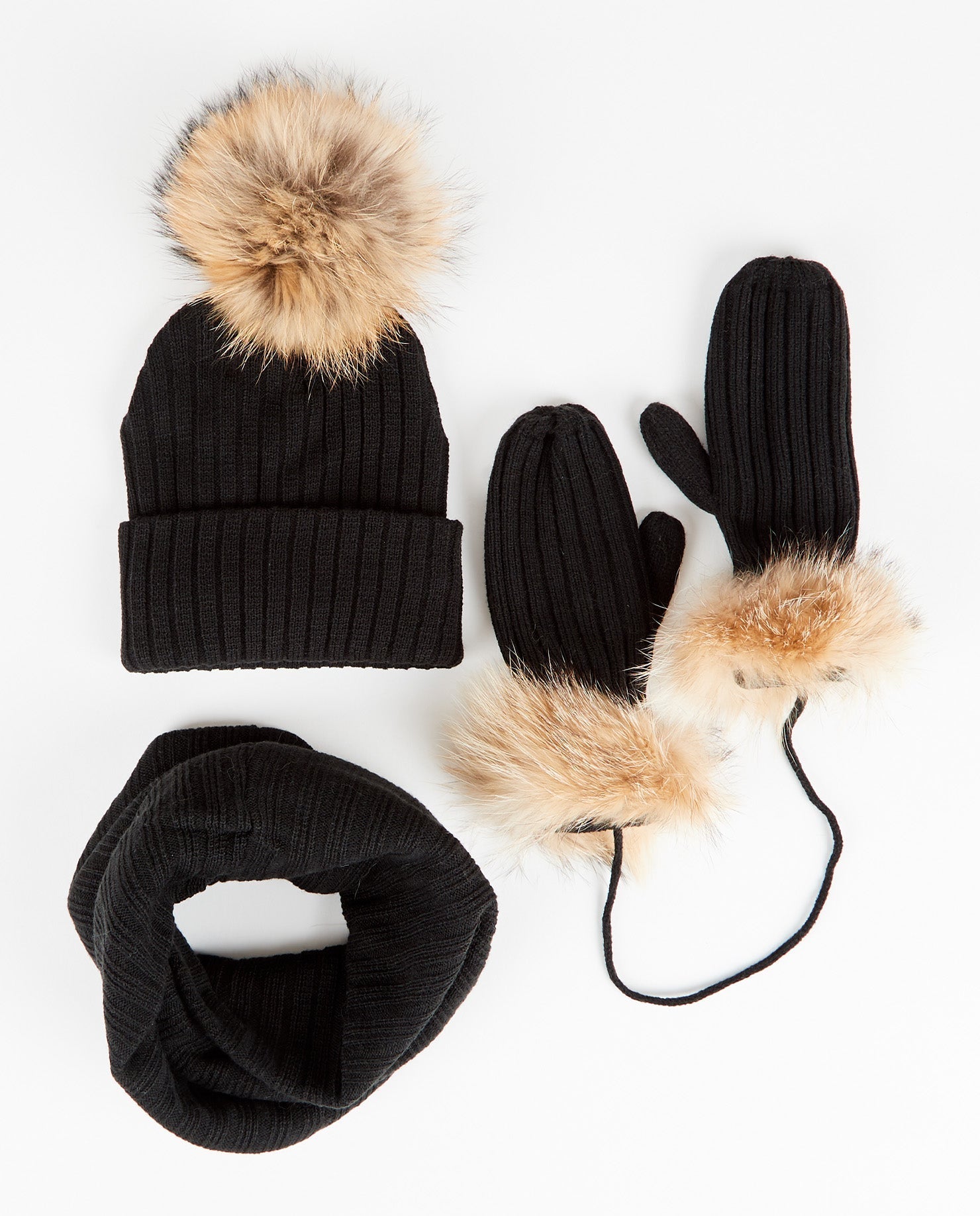 TRIO Tuque, Mitaines et Foulard Doublé Adulte | Adult Beanie, Mittens and Knit Scarf - Mpompon