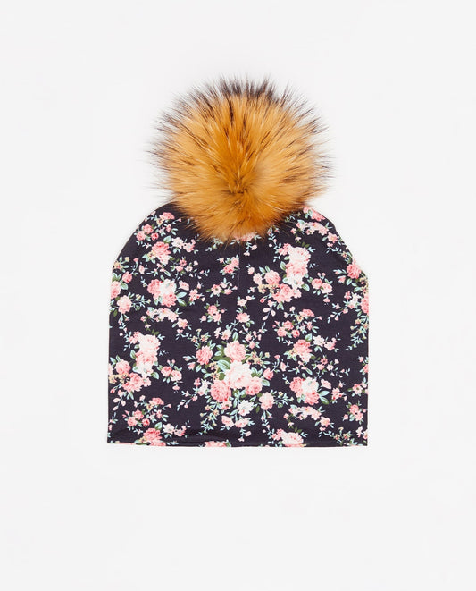 Tuque Adulte Coton Floral Noir