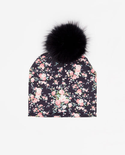 Bonnet en coton noir fleuri