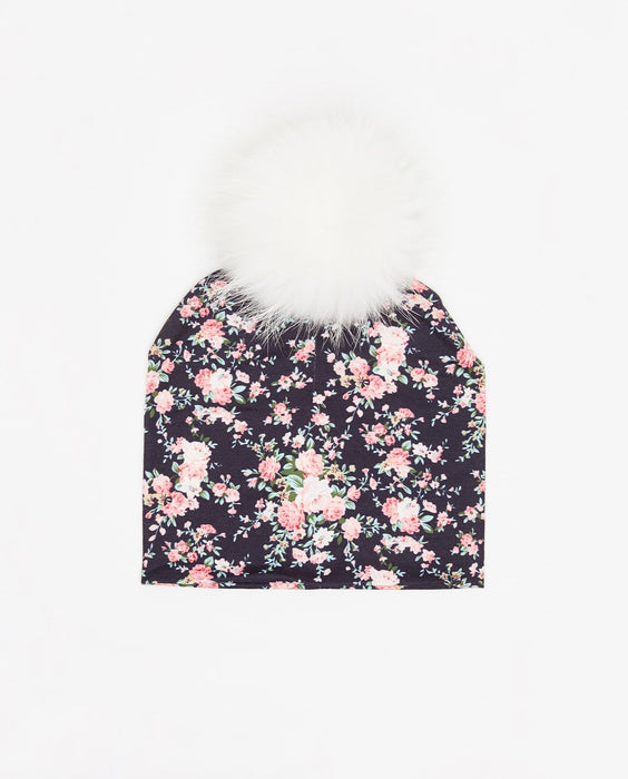 Bonnet en coton noir fleuri