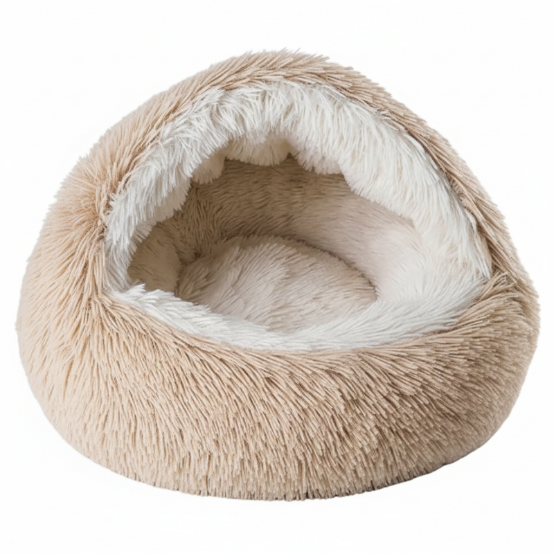Hooded Plush Cave Pet Bed with Removable Cushion and Anti-Slip Base