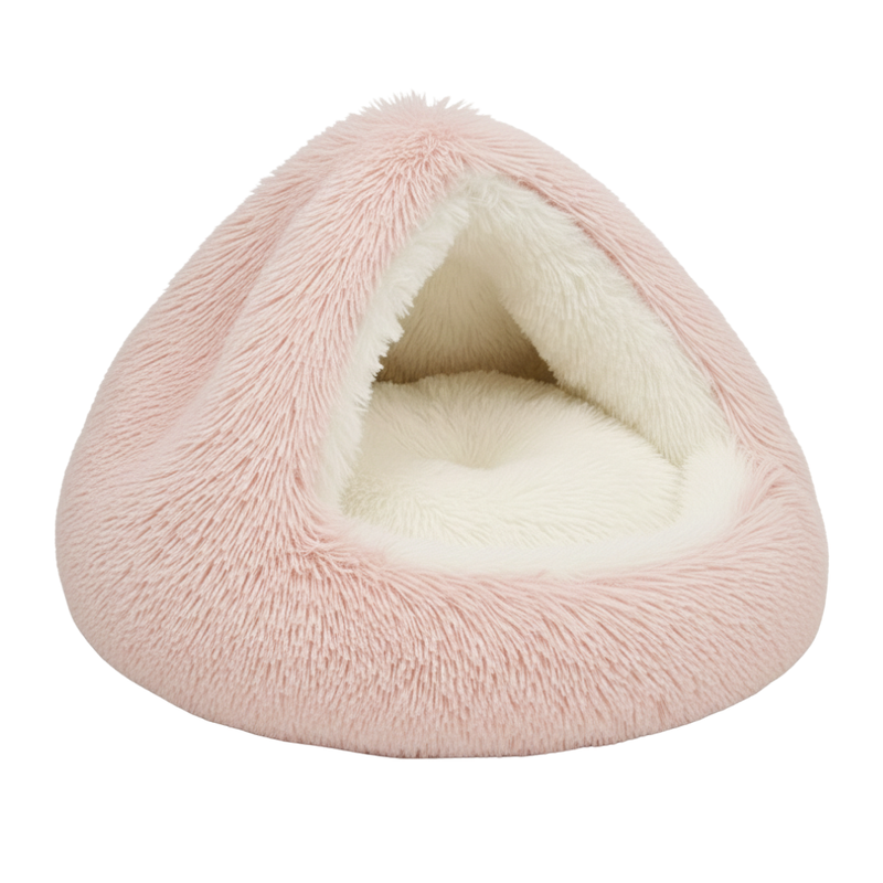 Round Hooded Pet Bed With Fluffy Cover For Cats And Dogs Indoor