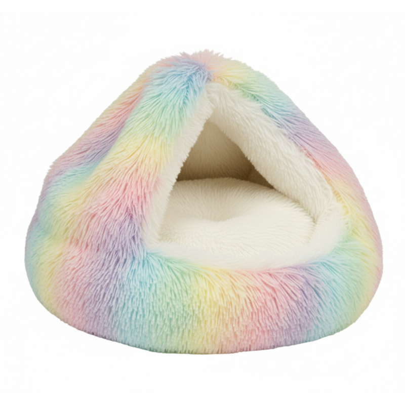 Round Hooded Pet Bed With Fluffy Cover For Cats And Dogs Indoor