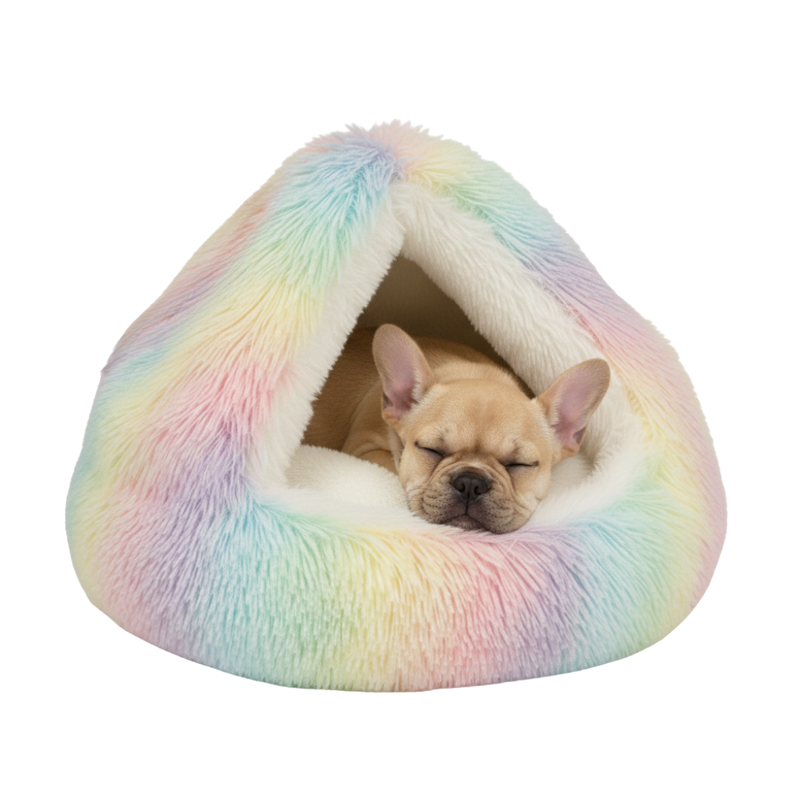 Round Hooded Pet Bed With Fluffy Cover For Cats And Dogs Indoor