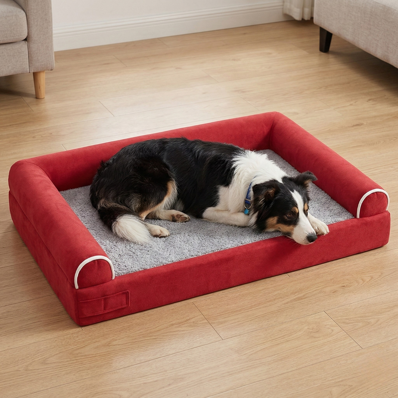 Pet Bed with Soft Fleece Surface and Three Sided Bolster Edges