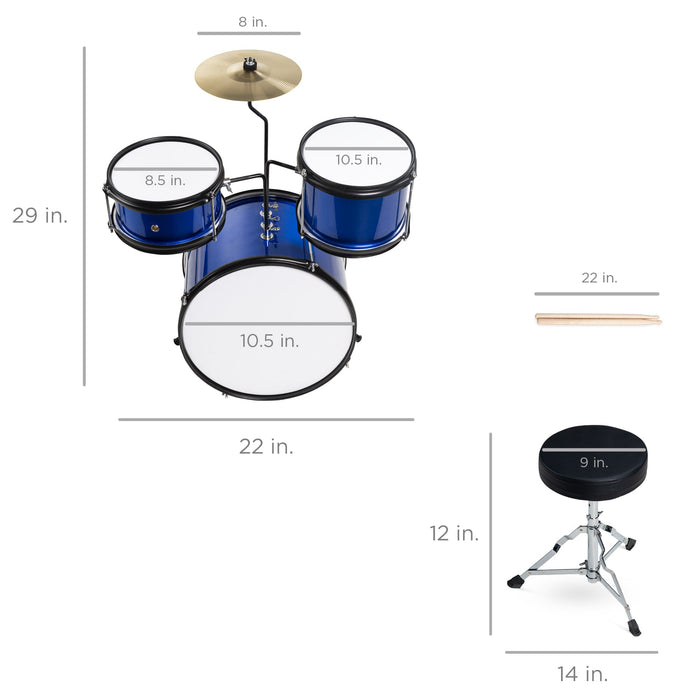 Kids Beginner 3-Piece Drum, Musical Instrument Set w/ Sticks, Stool, Pedal