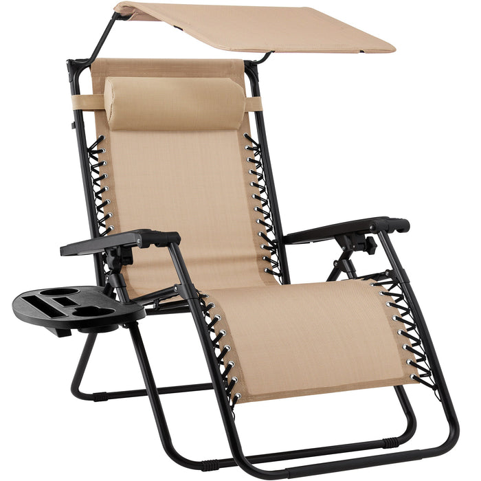 Chaise longue de patio inclinable pliable à gravité zéro avec auvent et plateau latéral