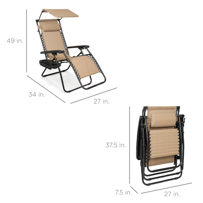 Chaise longue de patio inclinable pliable à gravité zéro avec auvent et plateau latéral