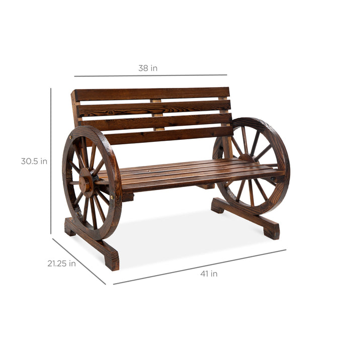 2-Person Rustic Wooden Wagon Wheel Bench w/ Slatted Seat and Backrest