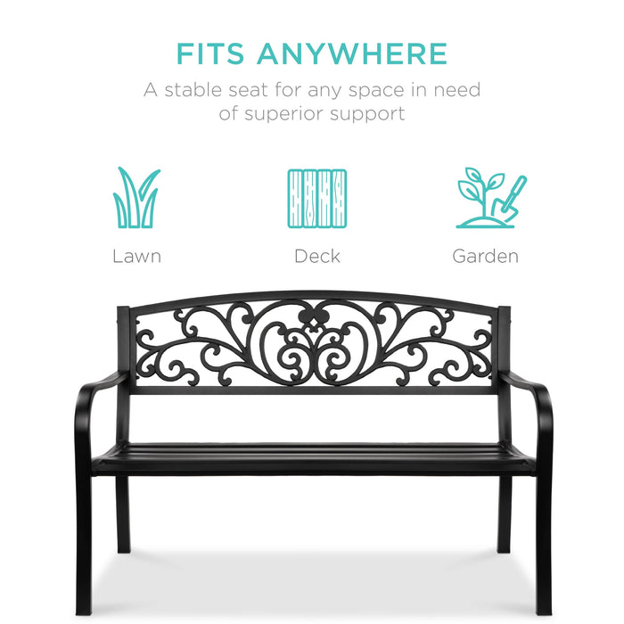 Banc en acier pour extérieur, patio, jardin avec motif floral - 50 po