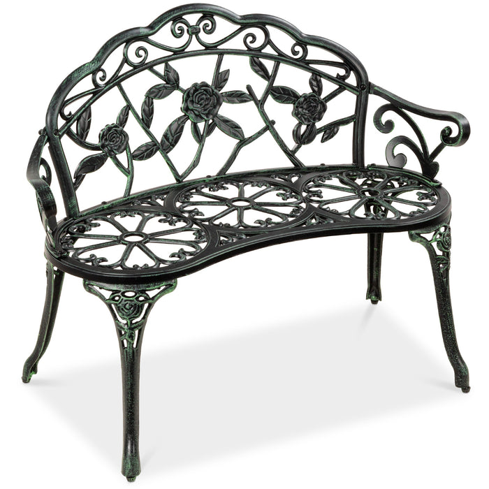 Steel Garden Bench Outdoor Patio Furniture w/ Floral Rose Accent  - 39in