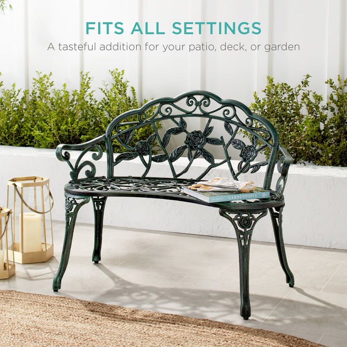 Banc de jardin en acier pour extérieur avec accents floraux roses - 39 po