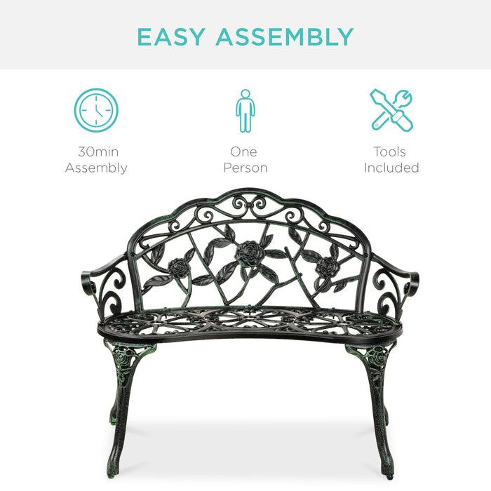 Banc de jardin en acier pour extérieur avec accents floraux roses - 39 po