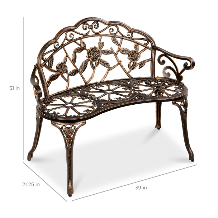 Banc de jardin en acier pour extérieur avec accents floraux roses - 39 po