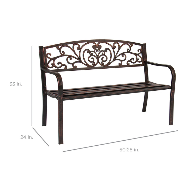 Banc en acier pour extérieur, patio, jardin avec motif floral - 50 po