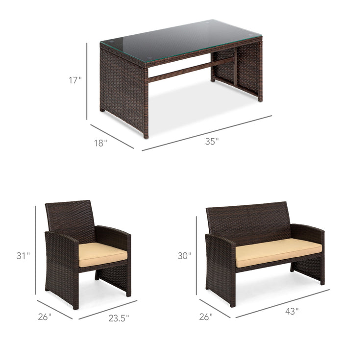 Ensemble de patio extérieur en osier de 4 pièces avec 4 sièges et plateau de table en verre