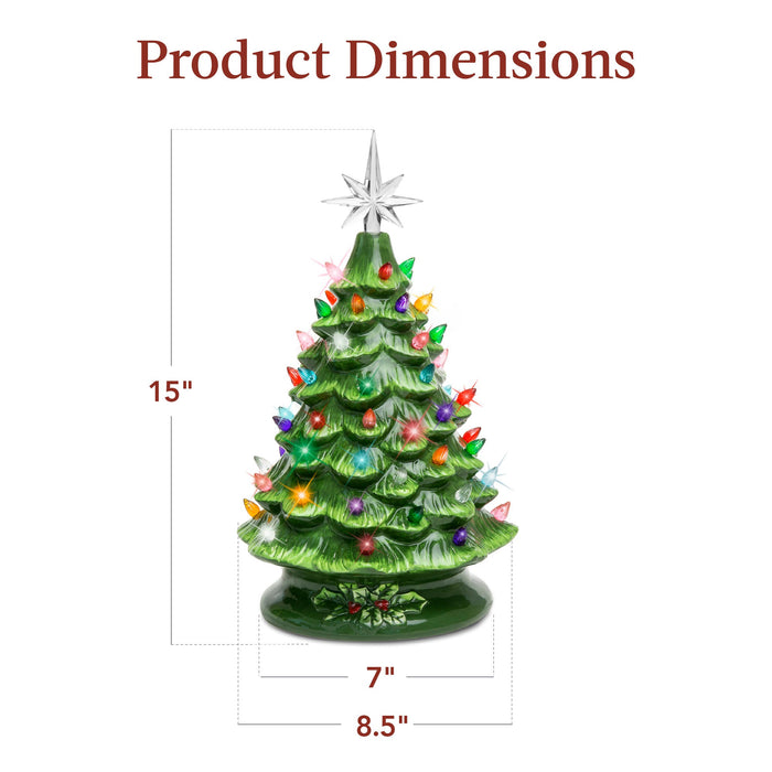 Sapin de Noël de table en céramique pré-éclairé avec lumières - 15 pouces