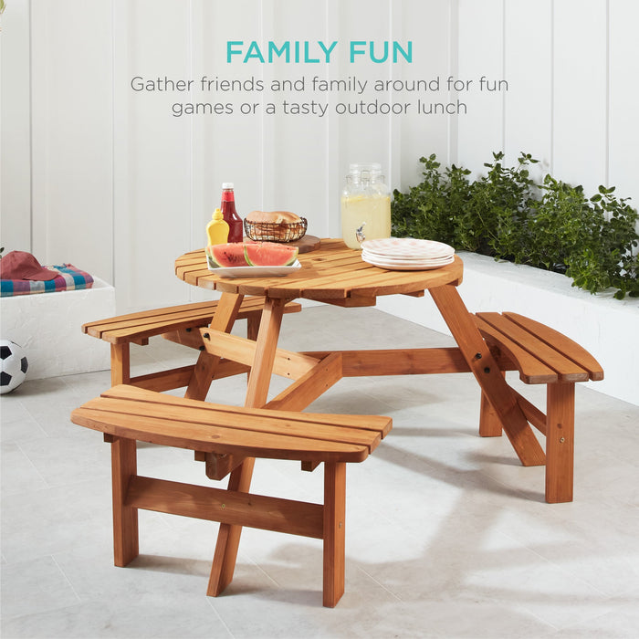 6-Person Circular Wooden Picnic Table w/ Umbrella Hole, 3 Benches