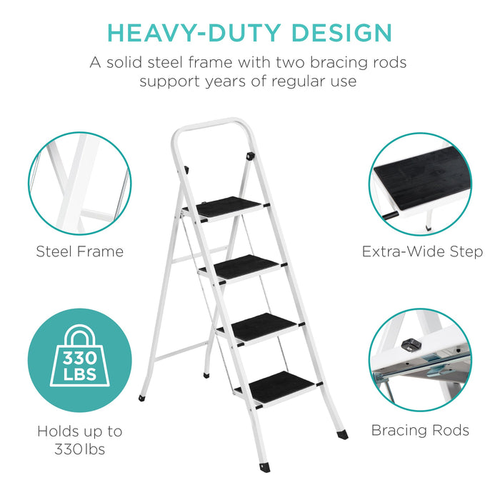 Folding Steel 4-Step Ladder w/ Hand Rail, Wide Steps, 330lbs Capacity