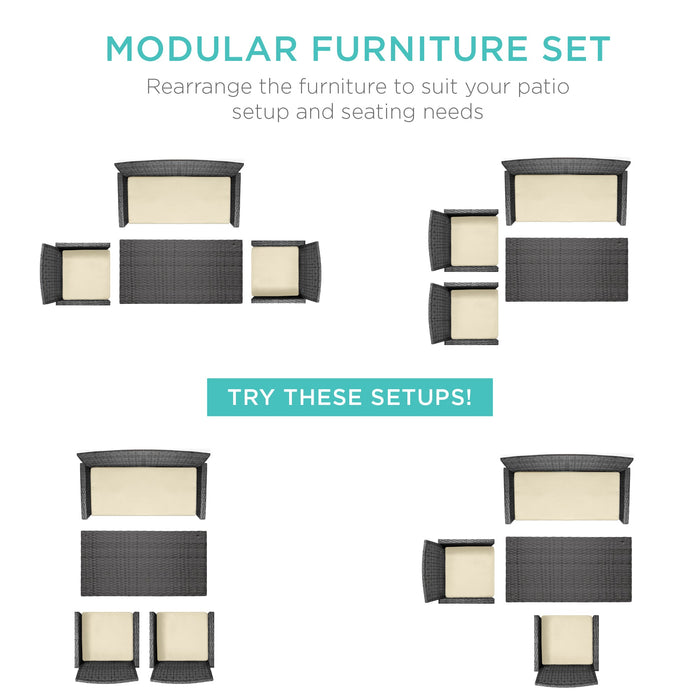 Ensemble de patio extérieur en osier de 4 pièces avec 4 sièges et plateau de table en verre