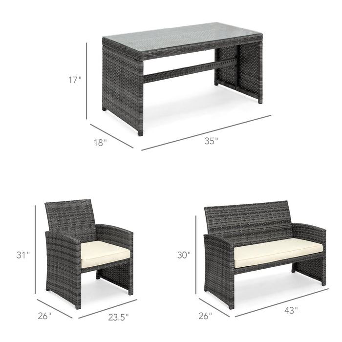 Ensemble de patio extérieur en osier de 4 pièces avec 4 sièges et plateau de table en verre