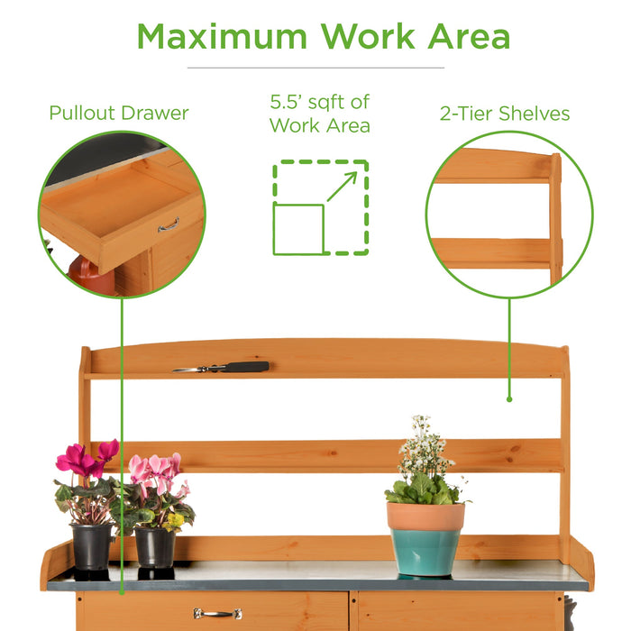 Banc de jardin en bois avec plateau en métal - Naturel