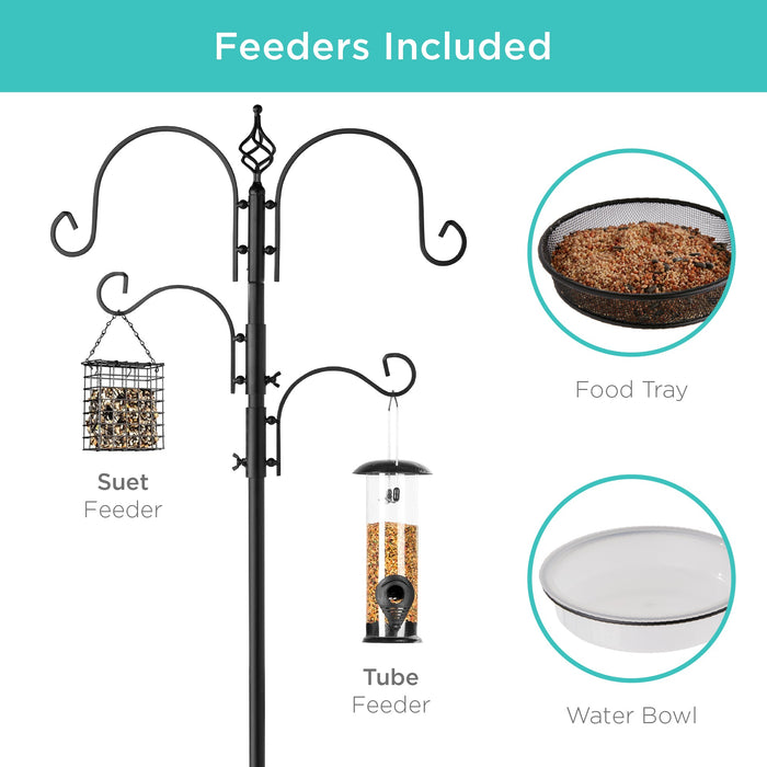 4-Hook Bird Feeding Station, Steel Feeder Stand w/ 2 Bird Feeders - 91in