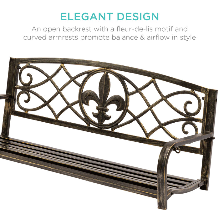 2-Person Outdoor Metal Hanging Swing Bench w/ Fleur-de-Lis Accents