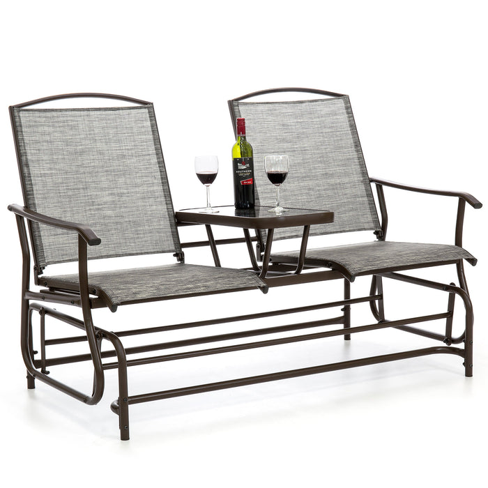 2-Person Outdoor Mesh Double Glider w/ Tempered Glass Attached Table