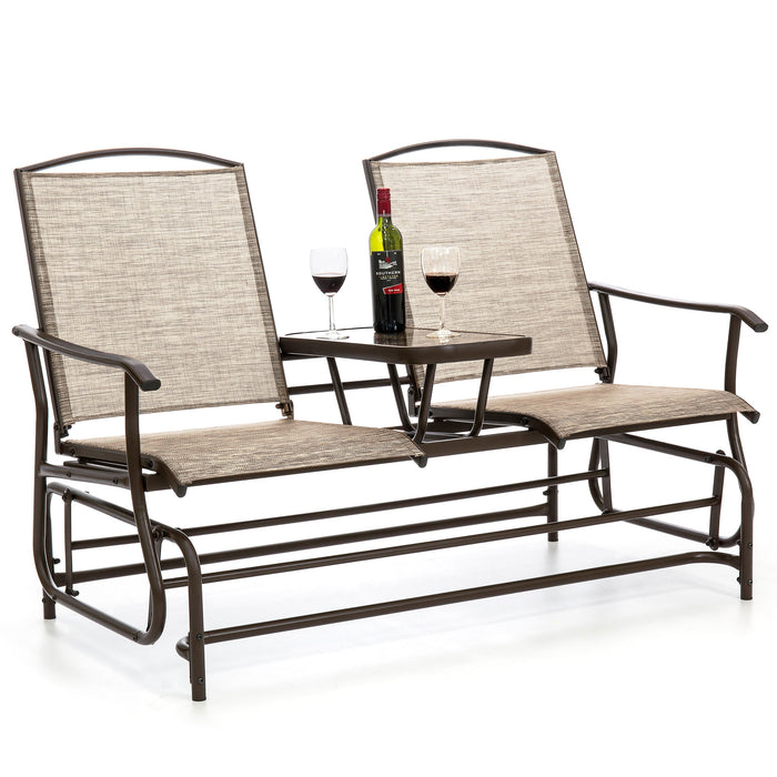 2-Person Outdoor Mesh Double Glider w/ Tempered Glass Attached Table