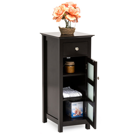 Bathroom Storage Floor Cabinet w/ 3 Shelves, Tempered Glass Double Doors